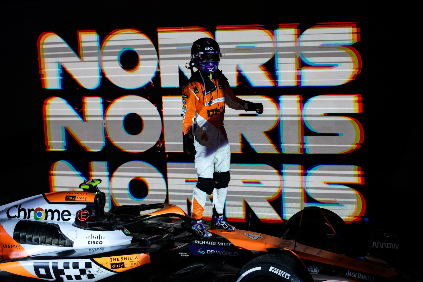 Lando Norris of the McLaren F1 Team celebrates his victory during the Formula 1 Singapore Grand Prix on the Marina Bay Circuit in Singapore, on September 19 to 22, 2024. (Photo by Gongora/NurPhoto via Getty Images)