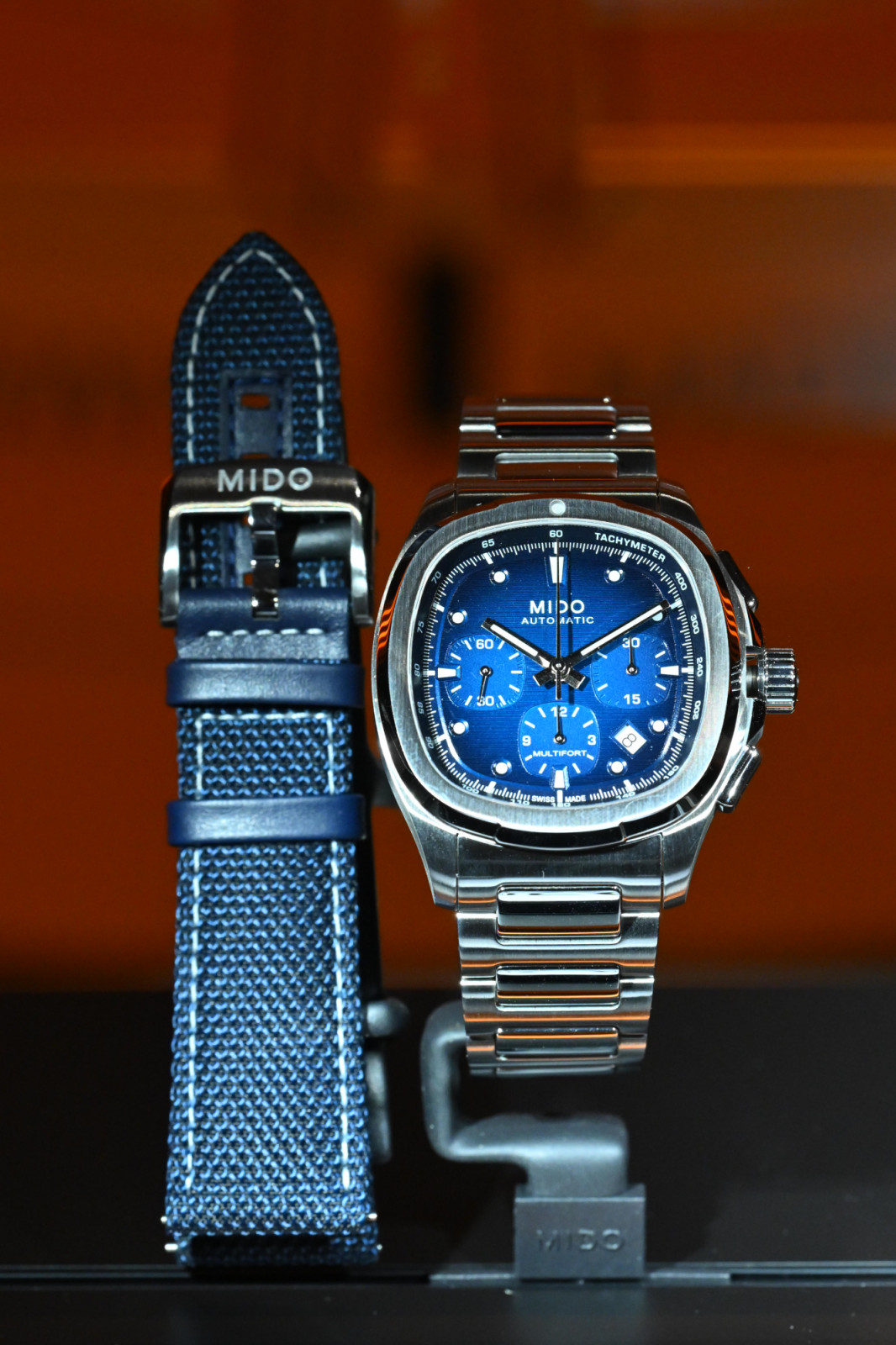 Mido Multifort TV Chronograph with the blue fabric strap (Photo: courtesy of Watchworks)