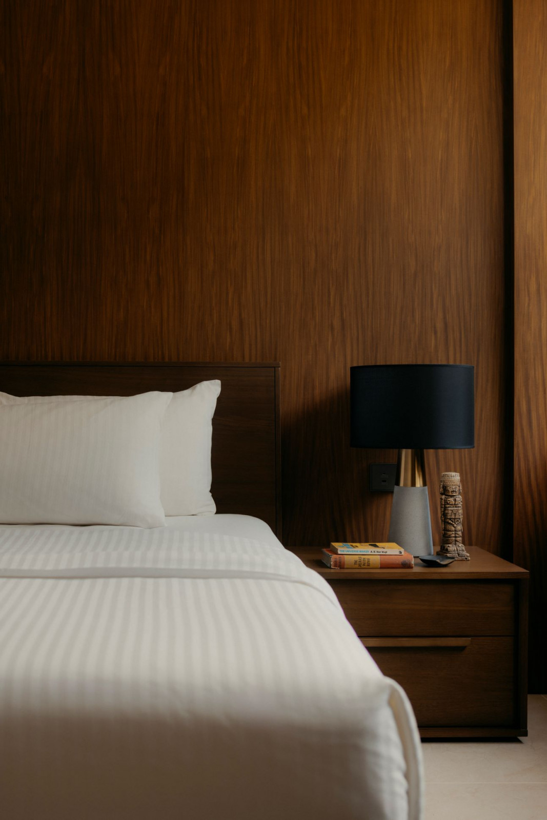 Close-up of the minimalist bedside