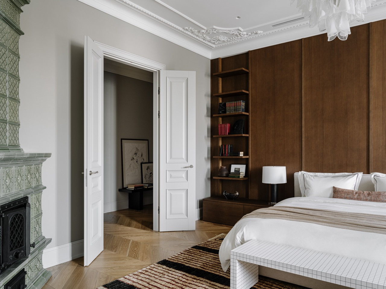 View through double doors showing the master bedroom with custom-designed wall panels and shelving
