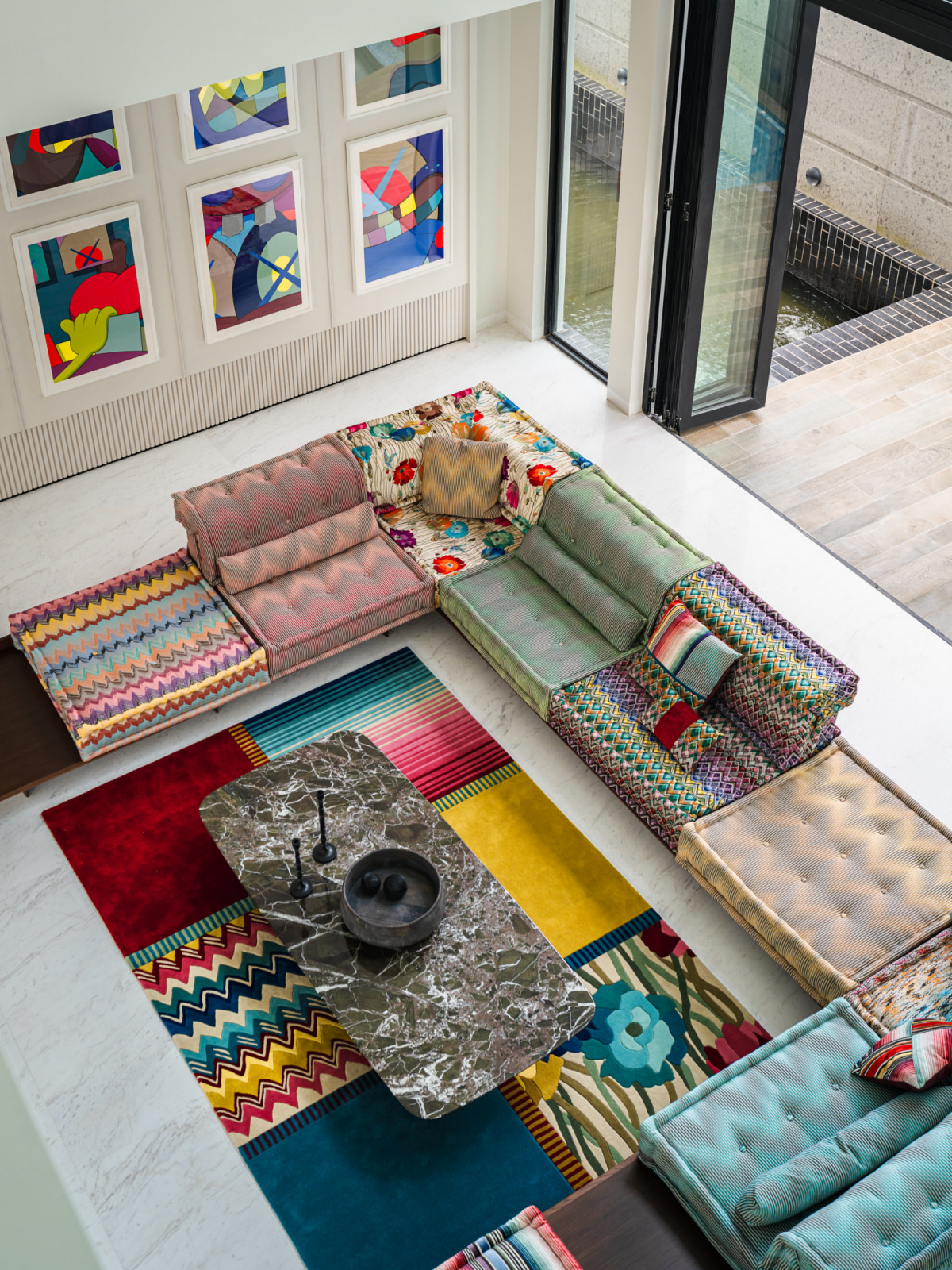 A top down view of the colourful Roche Bobois Mah Jong sofas