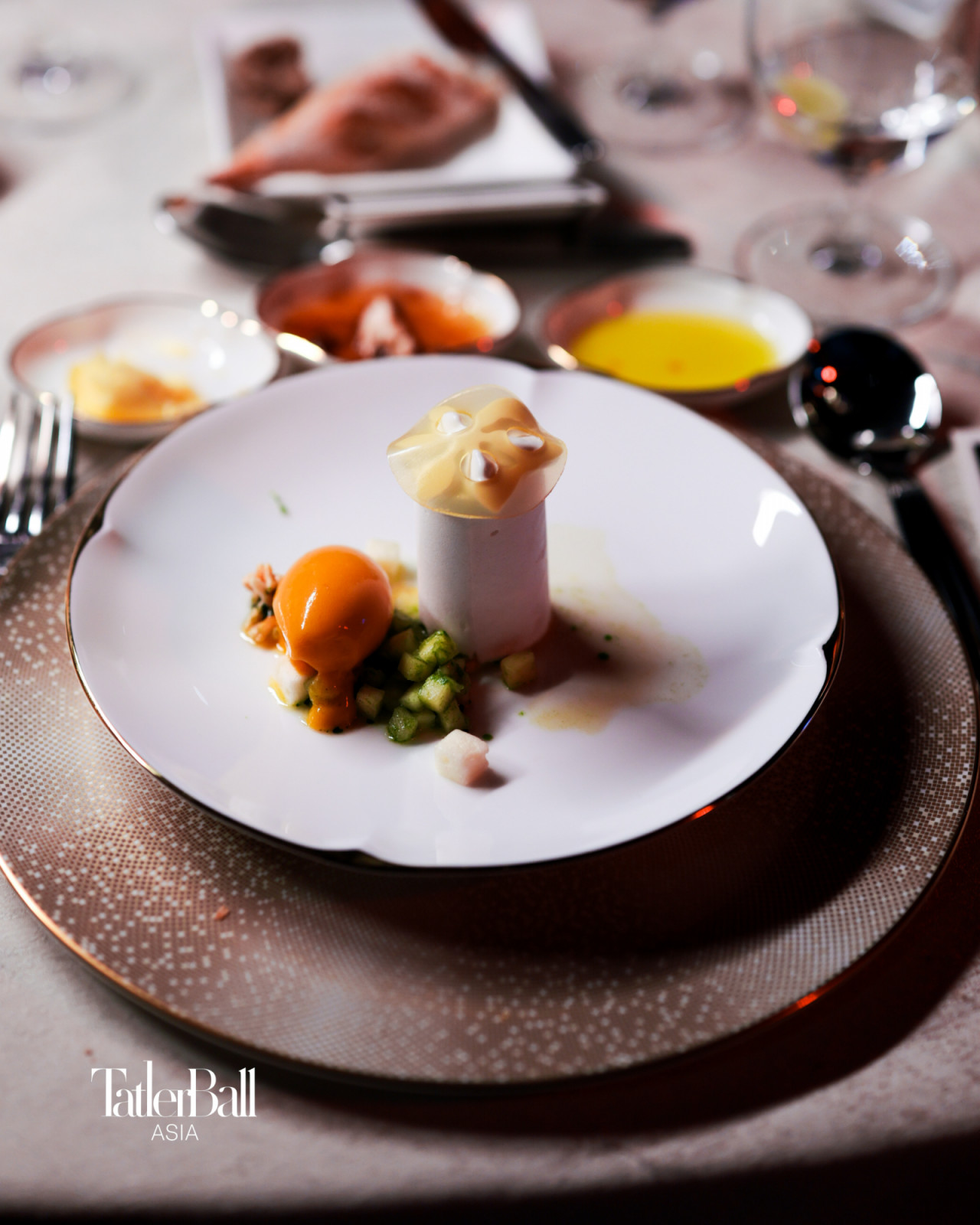 Mango Pavlova served with mango sorbet, passion fruit gelee and pineapple basil