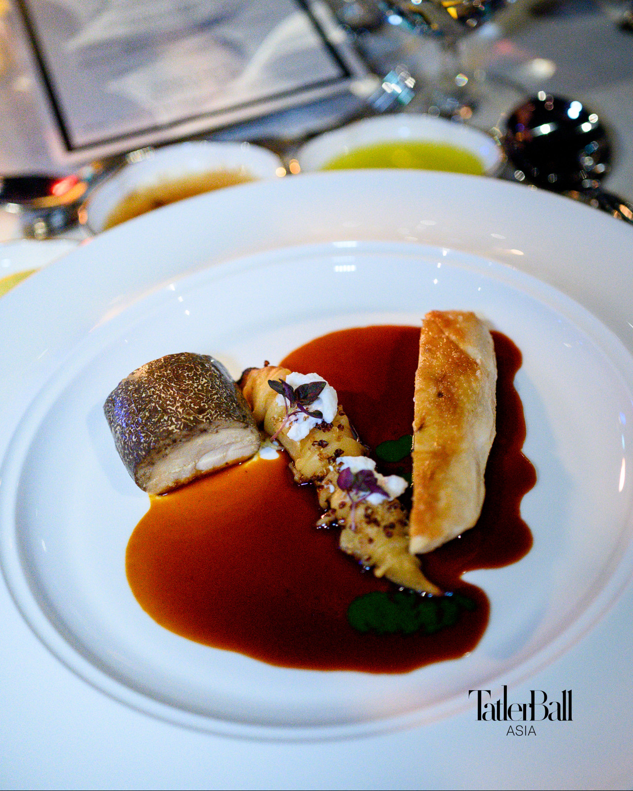The Truffle Kampong Chicken served with baked parsnip, quinoa, ricotta cheese, beetroot rice chips and chicken Jus