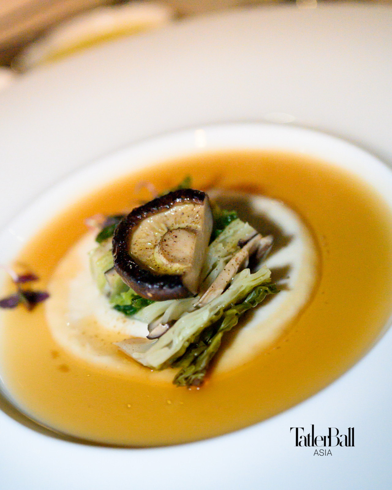 The Sustainable Local Trilogy Of Mushrooms Terrine comprised of layered pointed cabbage with shiitake, mushroom and soy pure
fermented button mushroom, and virgin black sesame Oil dashi