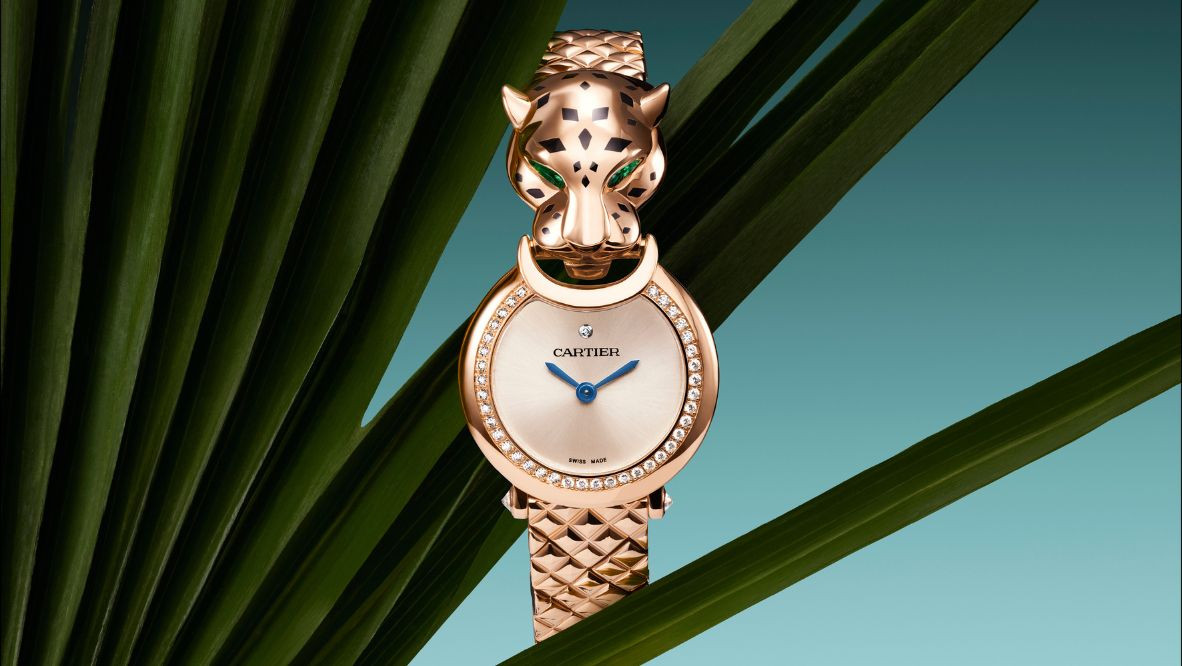 La Panthère de Cartier watch in rose gold. tsavorites, lacquer, and diamonds