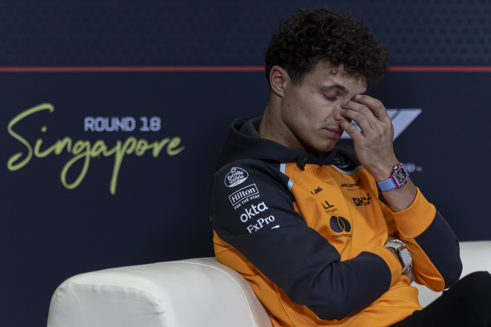 Lando Norris of Great Britain and McLaren F1 Team driver participates in the drivers' press conference on the media day at the Formula 1 Singapore Airlines Singapore Grand Prix in Marina Bay Street Circuit, Singapore, on October 2, 2025. (Photo by Robert Szaniszlo/NurPhoto via Getty Images)