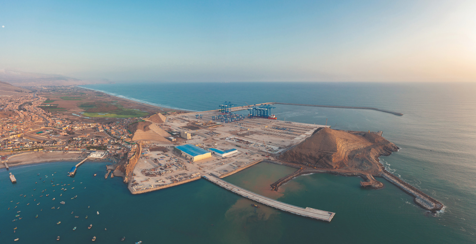 Chancay seaport. Located in Peru, Mega port under construction by the Chinese company COSCO SHIPPING, South American maritime hub with mega ship capacity. Chacay Lima, Peru.