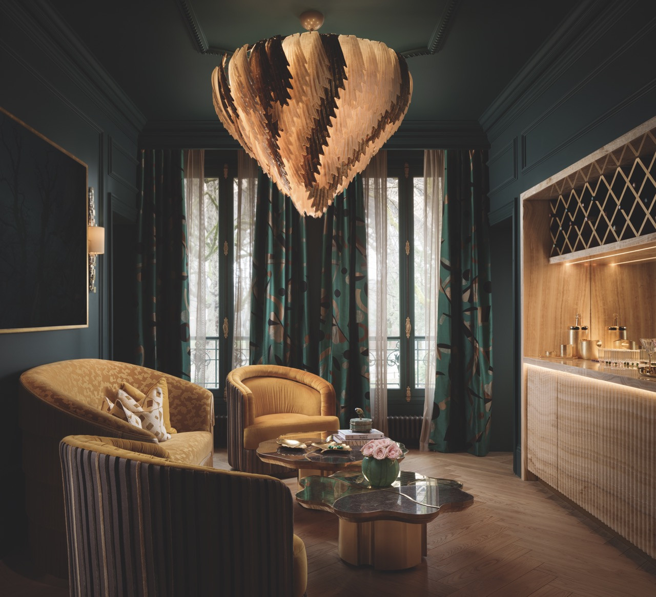 This dedicated bar area combines a custom onyx counter with fluted doors that serves as both a functional drinks storage solution and an intimate entertaining corner