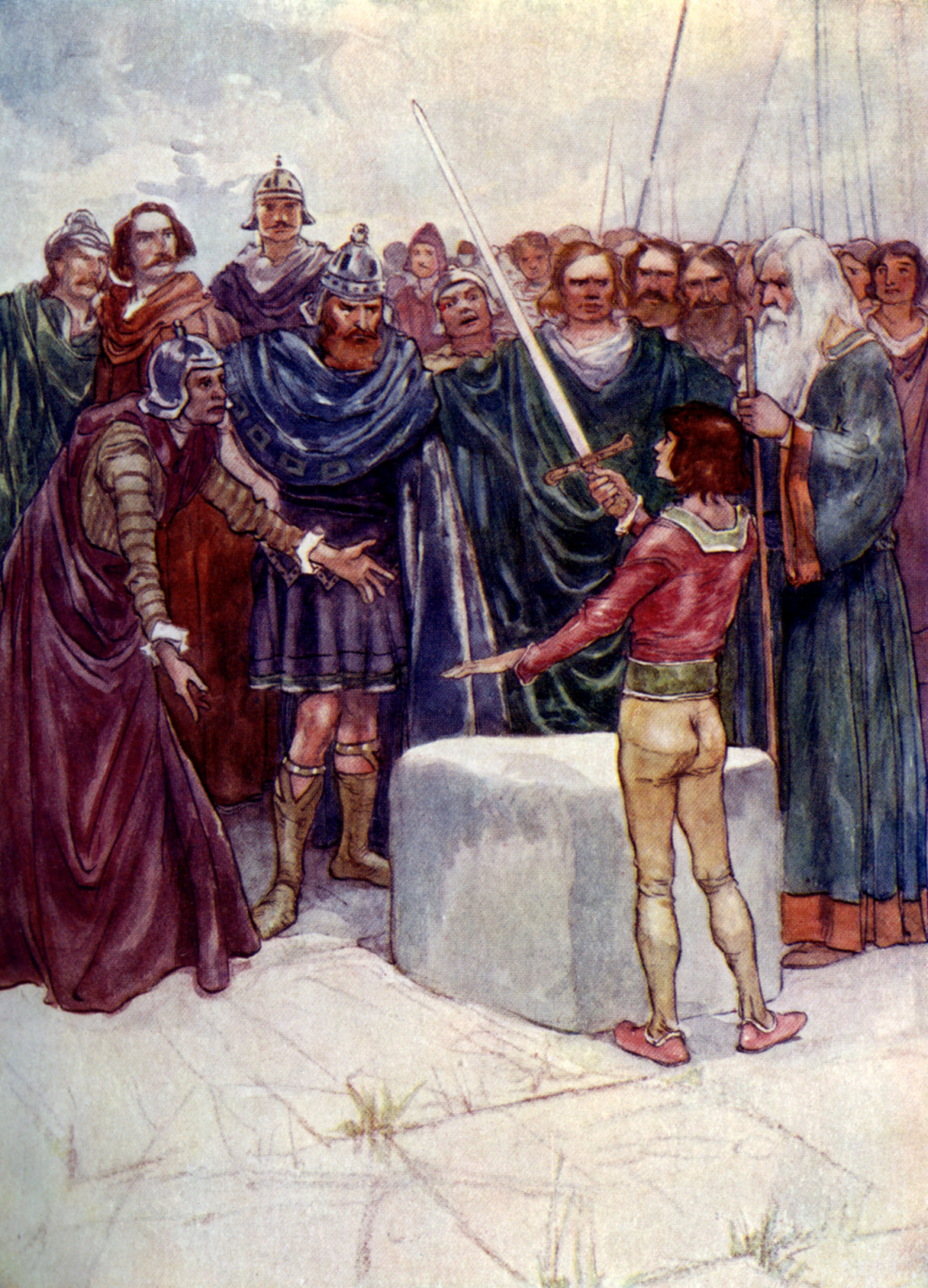 'He stood there holding the magic sword in his hand', (1905). Mythical event where the young Arthur pulls the sword out of the stone, watched by Uther Pendragon and the wizard Merlin. Illustration from Our Island Story by H E Marshall, published by T C & E C Jack Ltd, (London and Edinburgh, 1905). The book gave a very biased and pro-British view of history. (Photo by The Print Collector/Print Collector/Getty Images)