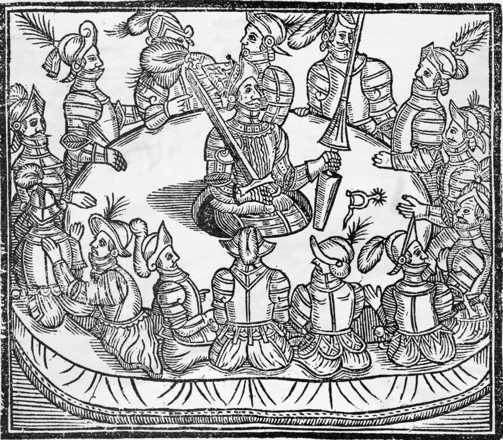 (Original Caption) King Arthur and his valiant Knights of the Round Table. Sir Tristram, Sir Launcelot, Sir Galahad, Sir Percivall, Sir Gauwin, Sir Ector, Sir Bors, Sir Lionell, Sir Grislet, Sir Gaheris, Sir Tor, Sir Acolon, Sir Ewaine, Sir Marhaus, Sir Pelleas, Sir Sagris, Sir Turqnine, Sir Kay, Sir Gareth, Sir Beaumans, Sir Berfunt, Sir Palamide, Sir Beleobus. Sir Ballamore, Sir Galohalt, Sir Lamarecke, Sir Floll, Sir Superabilis, Sir Paginet, Sir Belvoure.