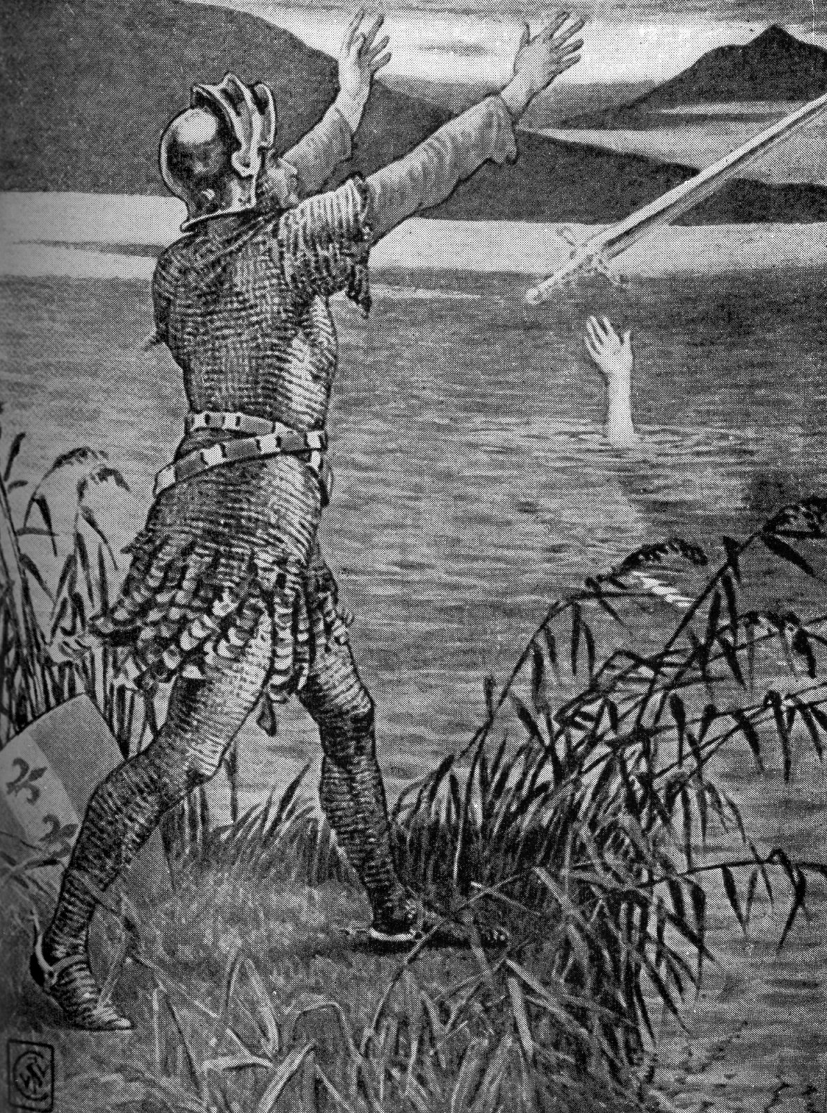 King Arthur- Sir Bedivere throwing Excalibur into the lake, by Walter Crane. One of the Knights of the Round Table, Sir Bedivere, throws the sword Excalibur into the lake, where the arm of the Lady of the Lake reaches up to retrieve it. Caption reads, There came an arm and a hand above the water. WC: English artist and illustrator, b. August 15, 1845 - March 14, 1915. (Photo by Culture Club/Getty Images)