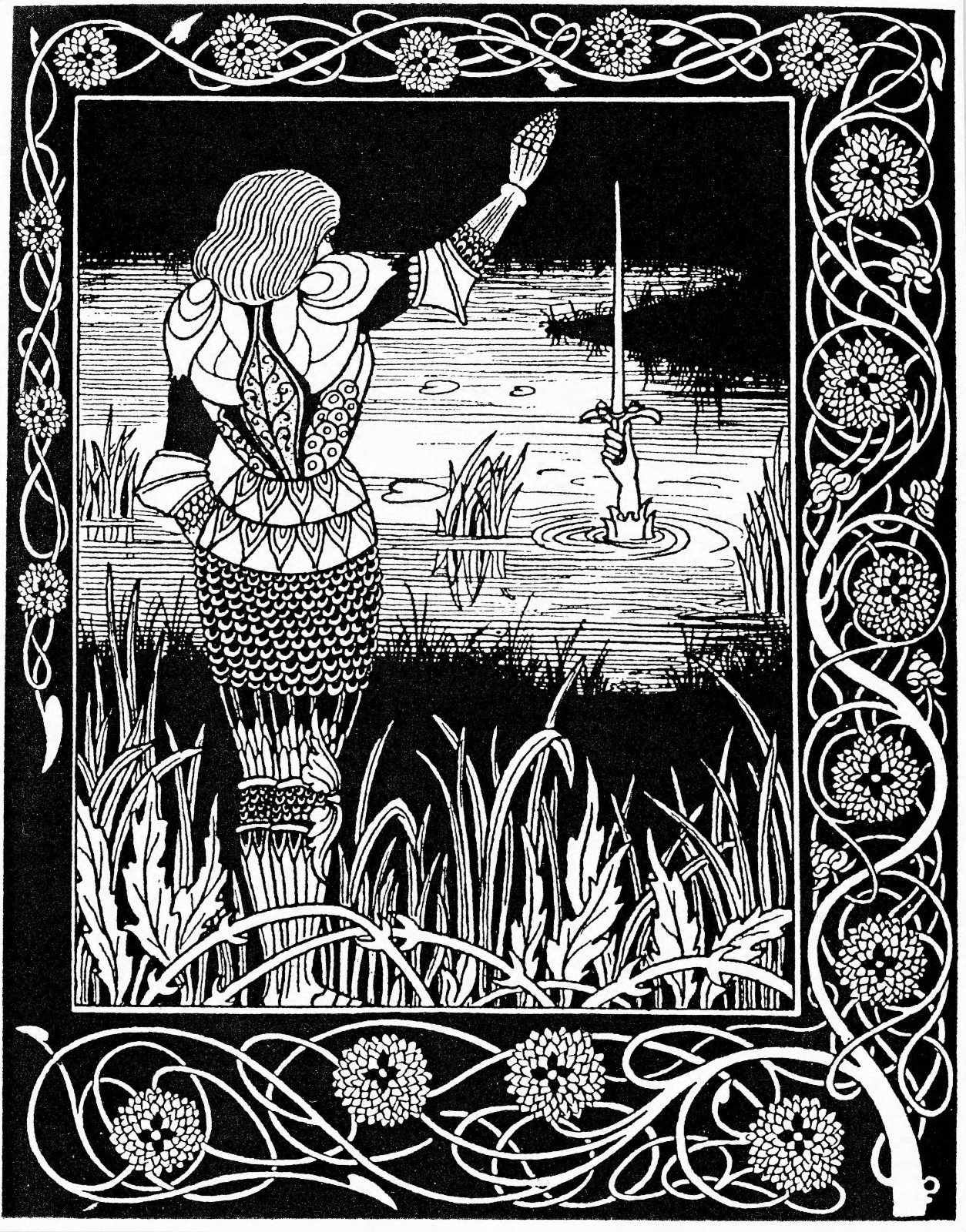 UNSPECIFIED - CIRCA 1754: Hand in the lake reclaims Excalibur, King Arthur's sword. 1893 illustration by Aubrey Beardsley for Thomas Mallory Le Morte D'arthur. Woodcut. (Photo by Universal History Archive/Getty Images)