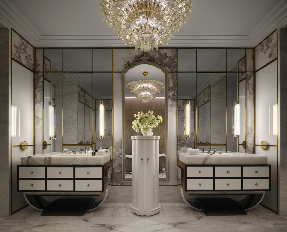 The master ensuite showcases material richness–burl wood, onyx, polished brass