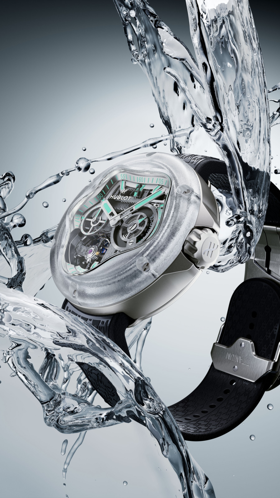 The case of Hublot MP-17 MECA-10 Arsham Splash Titanium Sapphire mimics the fluidity of water