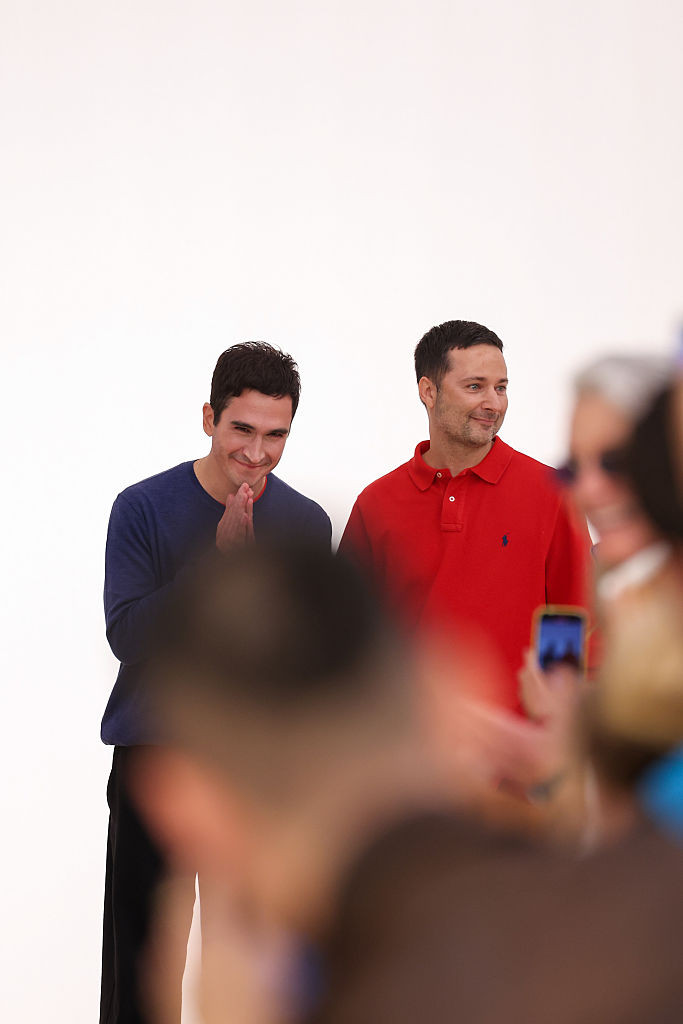 PARIS, FRANCE - OCTOBER 03: (EDITORIAL USE ONLY - For Non-Editorial use please seek approval from Fashion House) Designers Lazaro Hernandez and Jack McCollough acknowledges the audience on the runway during the Loewe Womenswear Spring/Summer 2026 show as part of Paris Fashion Week on October 03, 2025 in Paris, France. (Photo by Peter White/Getty Images)