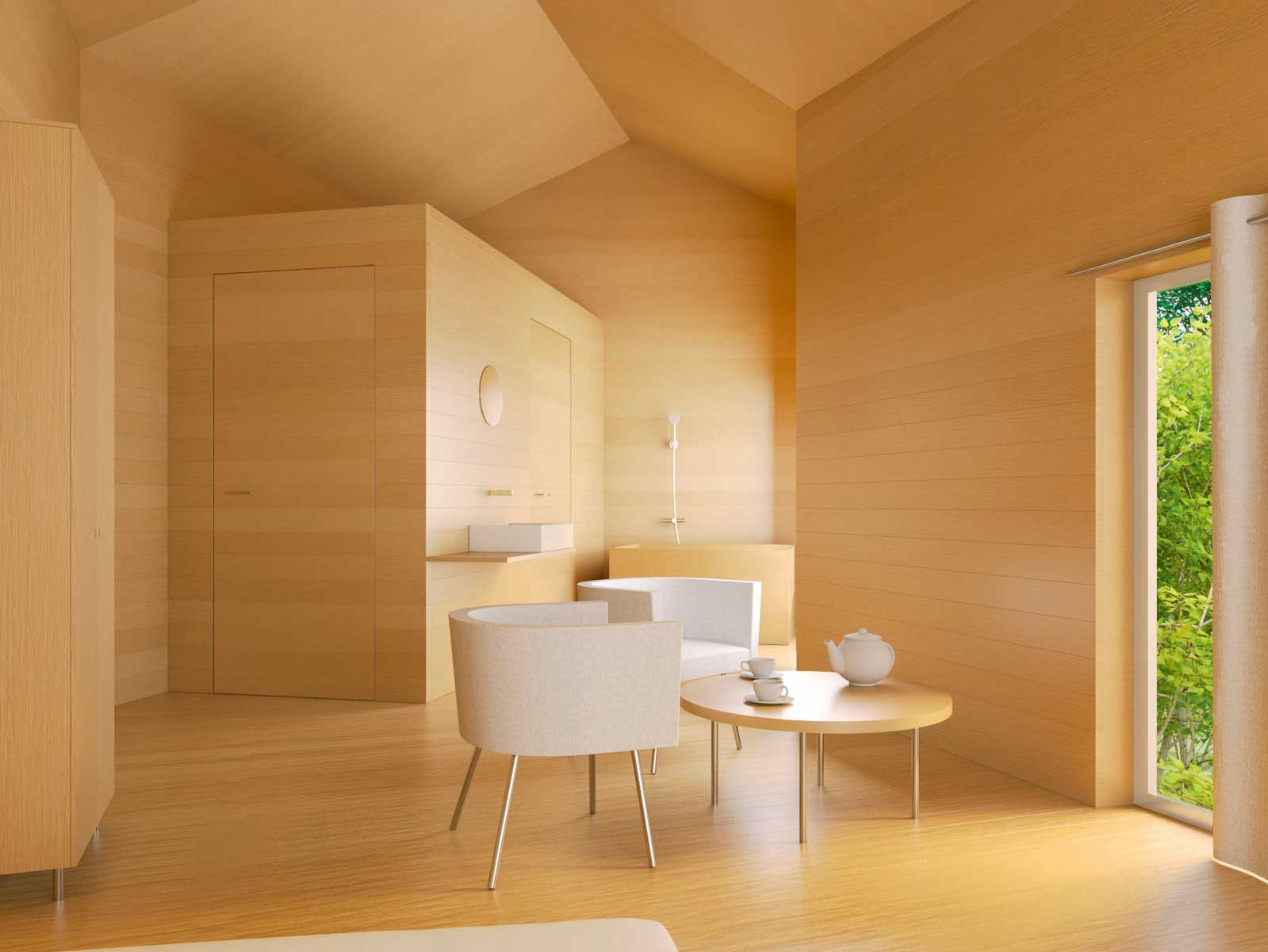 The serene interior of SSH No.04, clad in light wood (Photo: Kazuyo Sejima & Associates)