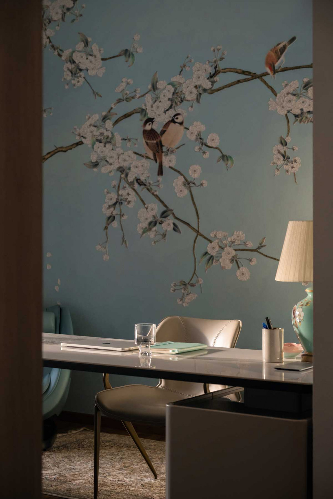 Chinoiserie wallpaper enriches the study with painterly elegance (Mr Shopper Studio)