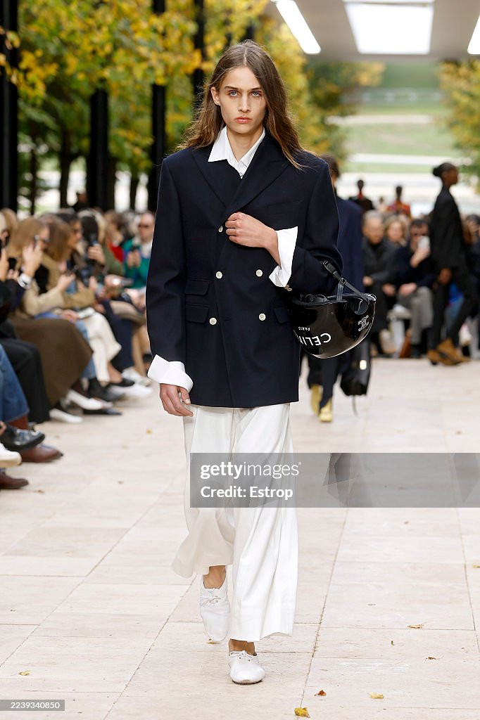 PARIS, FRANCE - OCTOBER 5: (EDITORIAL USE ONLY - For Non-Editorial use please seek approval from Fashion House) A model walks the runway during the Celine Womenswear Spring/Summer 2026 show as part of Paris Fashion Week on October 5, 2025 in Paris, France. (Photo by Estrop/Getty Images)