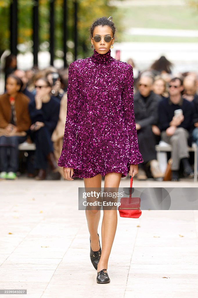 PARIS, FRANCE - OCTOBER 5: (EDITORIAL USE ONLY - For Non-Editorial use please seek approval from Fashion House) A model walks the runway during the Celine Womenswear Spring/Summer 2026 show as part of Paris Fashion Week on October 5, 2025 in Paris, France. (Photo by Estrop/Getty Images)