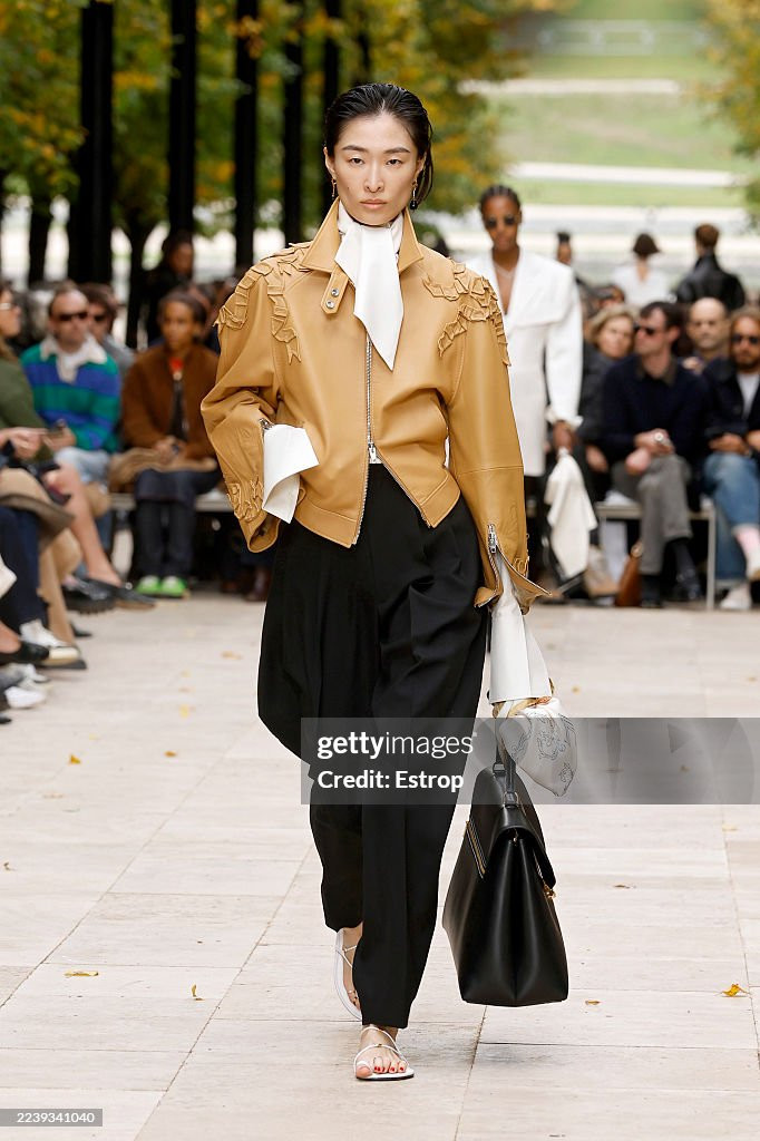 PARIS, FRANCE - OCTOBER 5: (EDITORIAL USE ONLY - For Non-Editorial use please seek approval from Fashion House) A model walks the runway during the Celine Womenswear Spring/Summer 2026 show as part of Paris Fashion Week on October 5, 2025 in Paris, France. (Photo by Estrop/Getty Images)