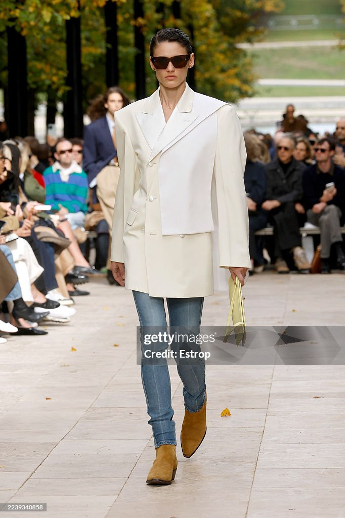 PARIS, FRANCE - OCTOBER 5: (EDITORIAL USE ONLY - For Non-Editorial use please seek approval from Fashion House) A model walks the runway during the Celine Womenswear Spring/Summer 2026 show as part of Paris Fashion Week on October 5, 2025 in Paris, France. (Photo by Estrop/Getty Images)