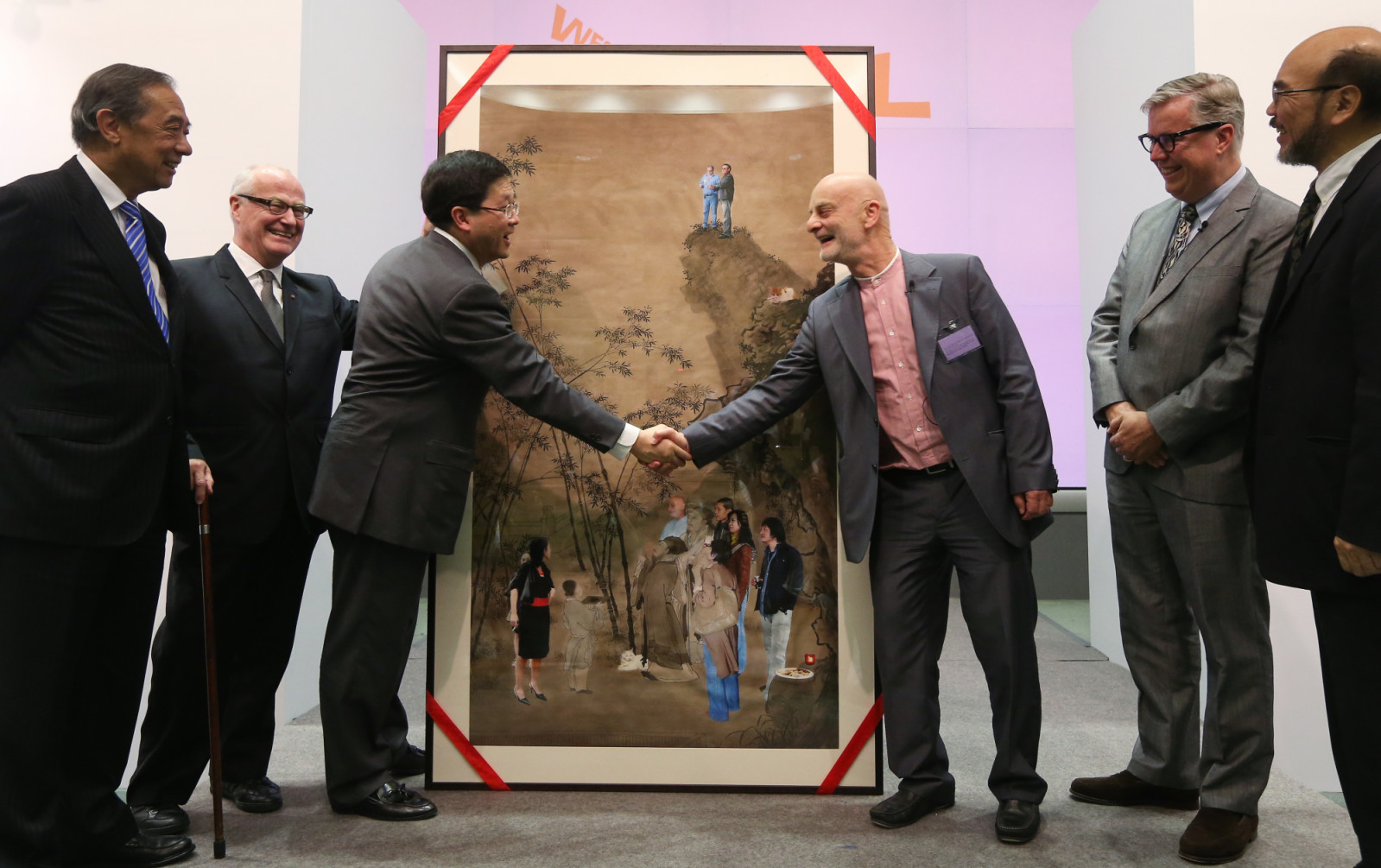 Swiss collector Dr Uli Sigg donates HK$1.3 billion worth of artworks to the West Kowloon Cultural District Authority. (L-R) Board of the West Kowloon Cultural District Authority Ronald Arculli, Chief Executie Officer of West Kowloon Cultural District Authority Michael Lynch, Chief Secretary for Administration Stephen Lam Sui-lung, Dr Uli Sigg, Executive director of M+ Dr Lars Nittve and Victor Lo Chung-wing meets the poses for picture at CGO, Central. 12JUN12 (Photo by Sam Tsang/South China Morning Post