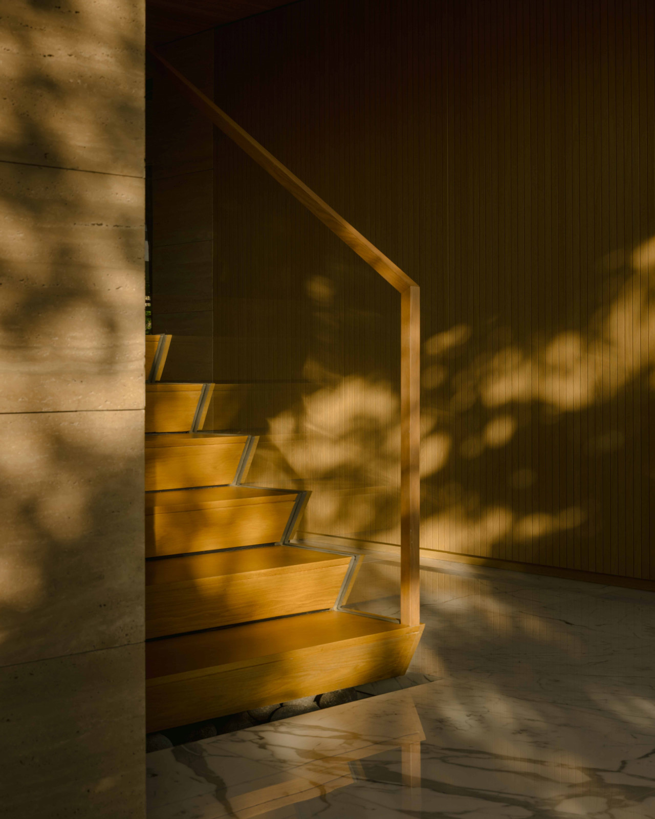 Shadow play falls upon the staircase, a fleeting moment of stillness and light