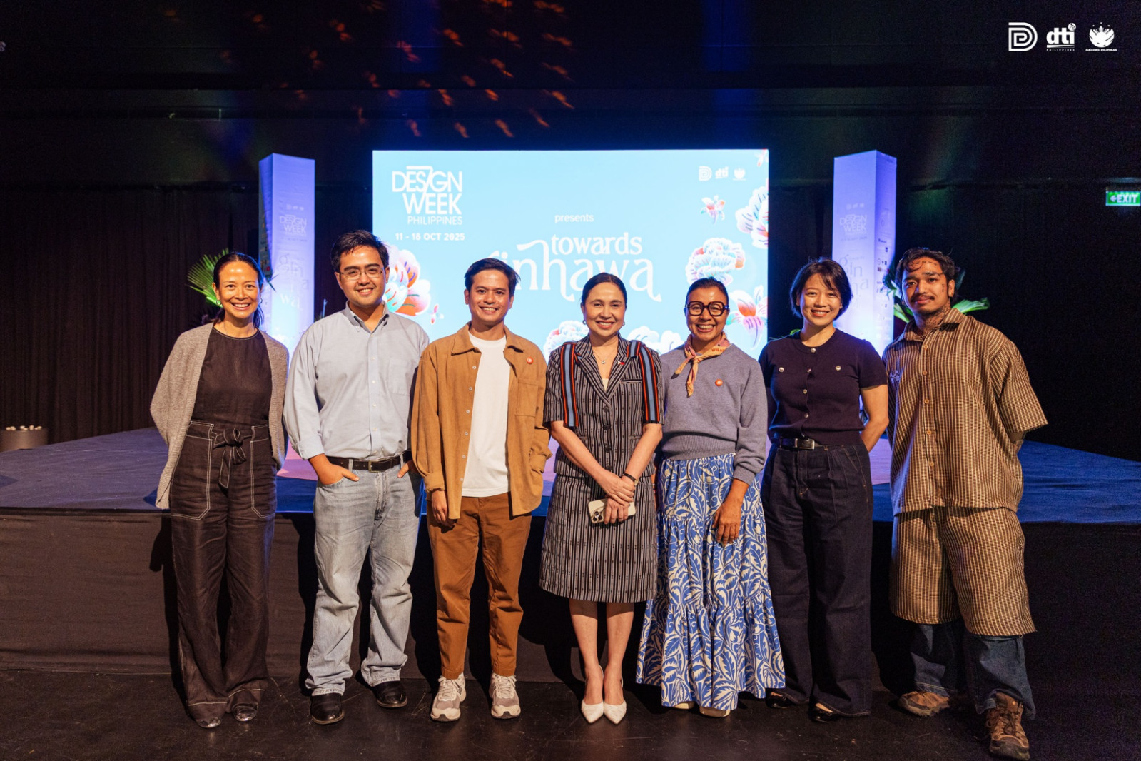 Gina Alfonso, Carl Cervantes, Lucky Lopez, DTI Secretary Cristina Roque, Rhea Matute, Misha Quimpo, and Alaga at the opening festivities of Design Week Philippines