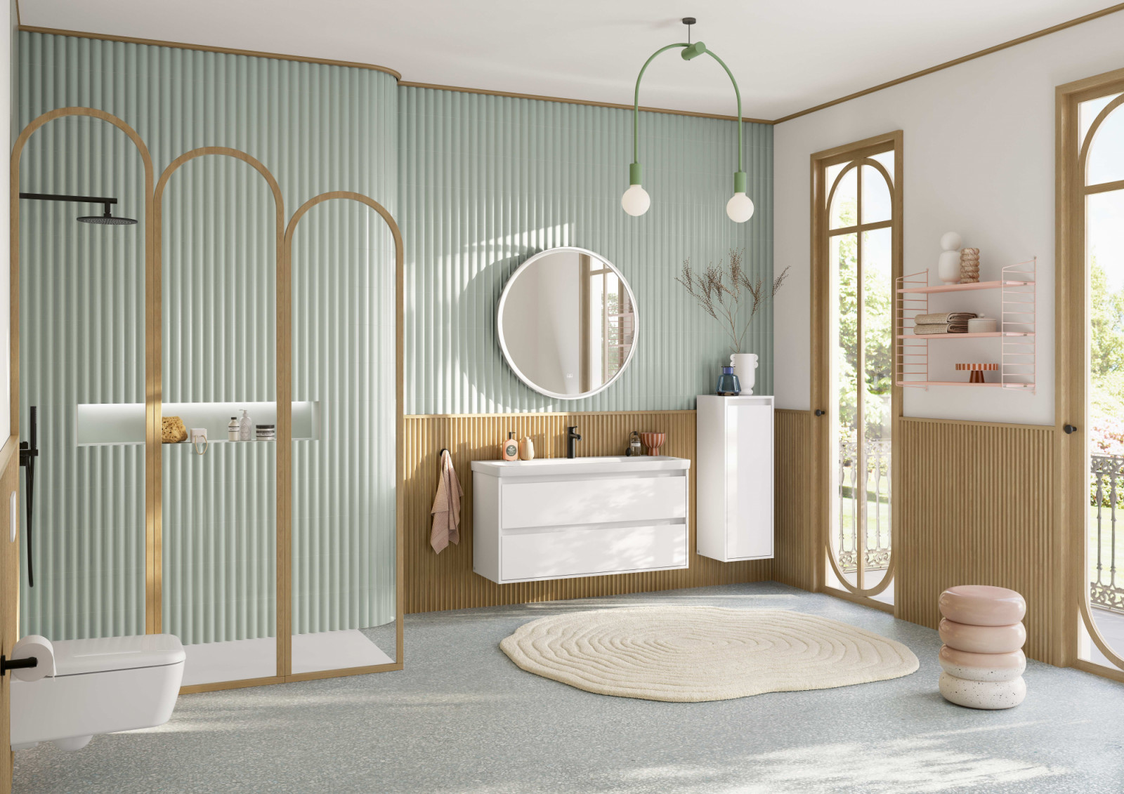 Curved contours and rounded edges soften a bathroom’s overall appearance, making spaces feel more open