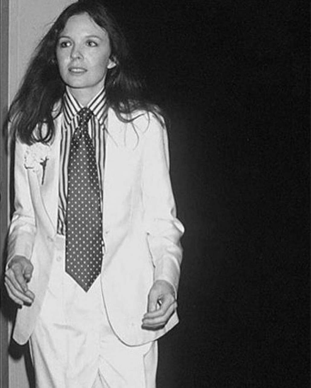 Keaton in a crisp white suit with striped shirt and polka dot tie (Photo: @diane_keaton / Instagram)