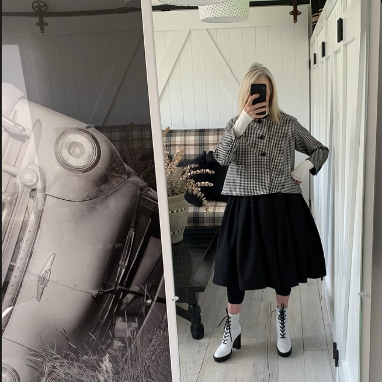 A houndstooth jacket paired with a voluminous skirt and chunky combat boots (Photo: @diane_keaton / Instagram)