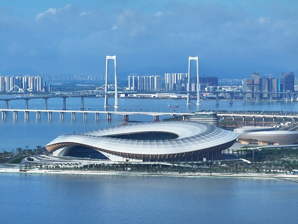 GUANGZHOU, CHINA - JUNE 08: Aerial view of Greater Bay Area Sports Centre on June 8, 2025 in Guangzhou, Guangdong Province of China. (Photo by Guo Changcheng/VCG via Getty Images)