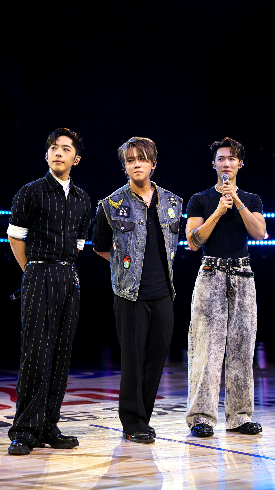 Mirror members Edan Lui, Keung To and Stanley Yau at the NBA China Games 2025 Fan's Day on court at the Venetian Macao arena