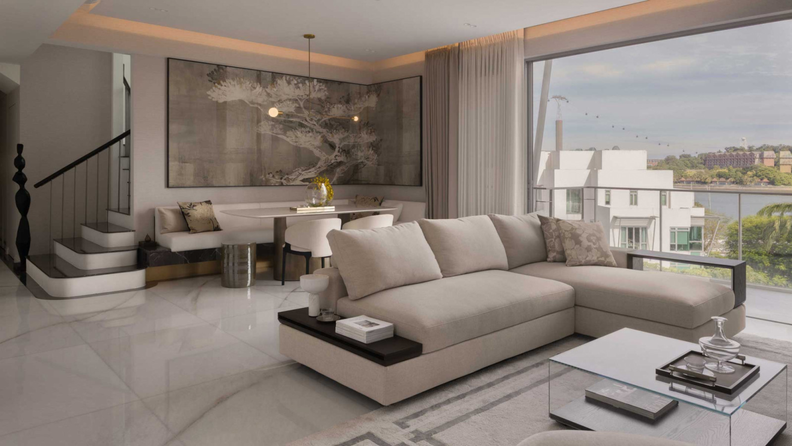 This five-bedroom, five-bathroom Keppel Bay penthouse, designed by Linear Studio Design, reflects its owners’ vision of modern Asian luxury