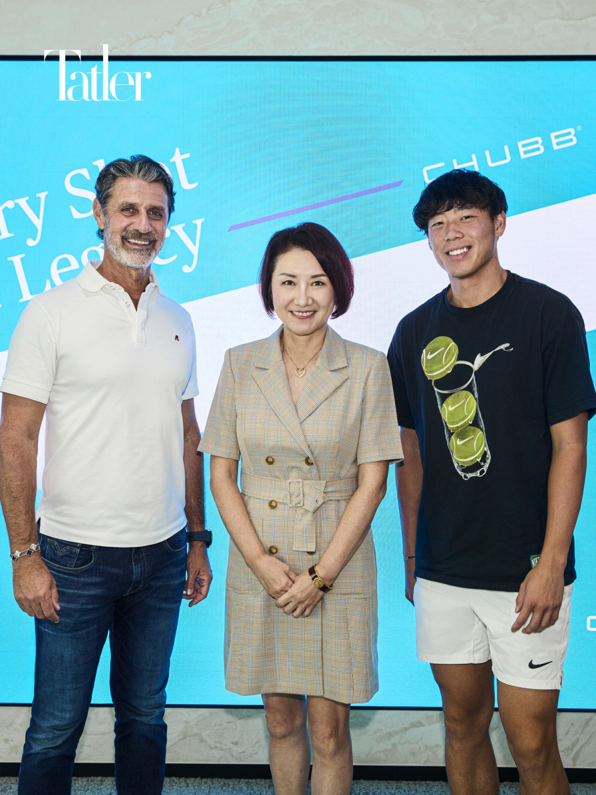 UTS founder and French tennis coach Patrick Mouratoglou, along with Belinda Au, president of Chubb Life Hong Kong and head of North Asia, and Wong, pose for a group photograph (Photo: Zed Leets/Tatler Hong Kong)