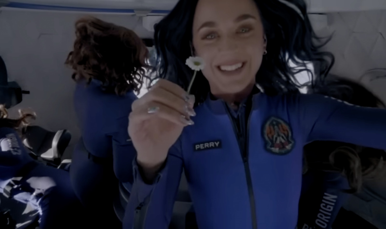 Katy Perry on board a Blue Origin spacecraft. (Photo: The Launch Pad / YouTube)