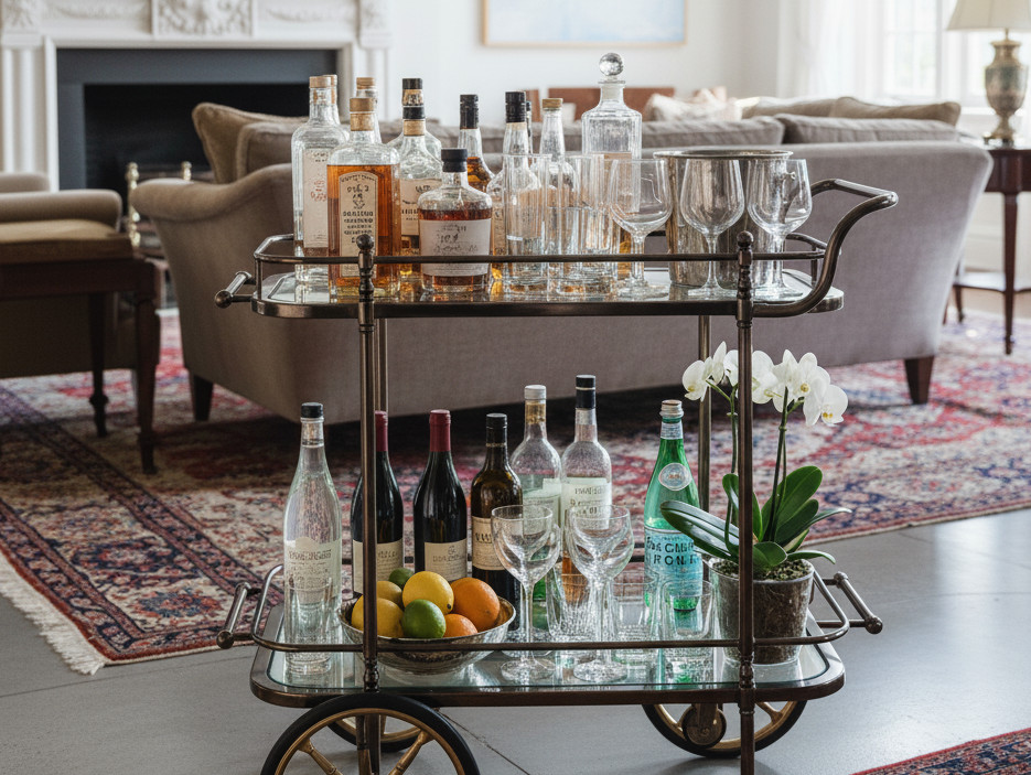 A bar cart that earns its place—streamlined, stocked and ready for whatever kind of evening unfolds. (Photo: AI-generated)