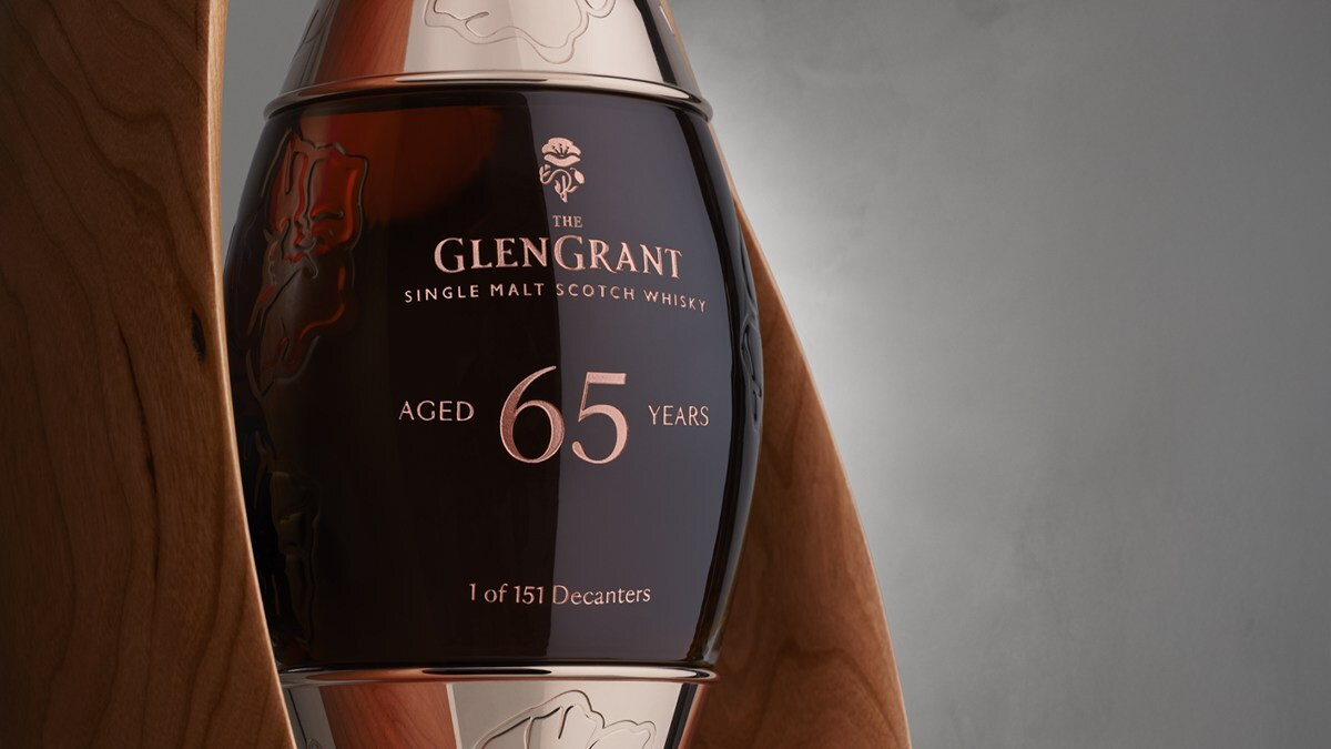 The Glen Grant 65-Year-Old is presented in 151 handcrafted decanters designed by John Galvin and Glasstorm, each uniquely designed as a Mobius strip seed pod—a continuous, flowing loop symbolizing the timelessness of nature.