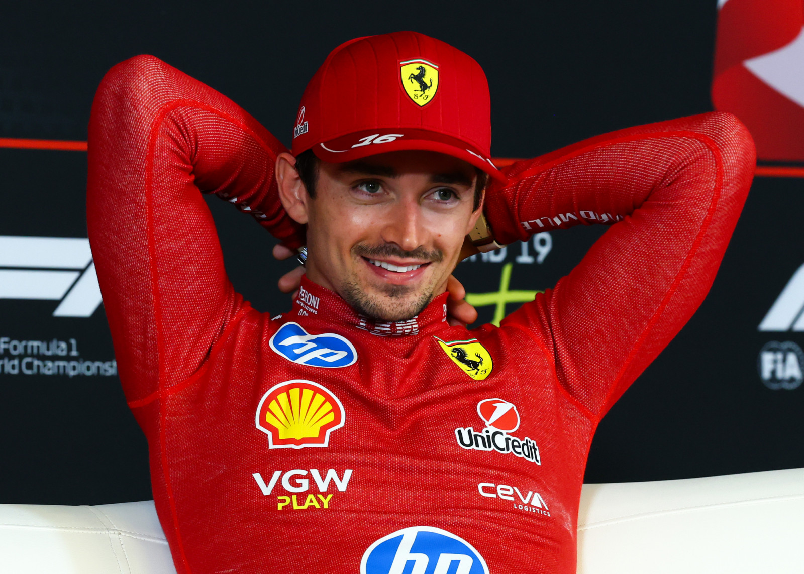 AUSTIN, TEXAS - OCTOBER 19: Third placed Charles Leclerc of Monaco and Scuderia Ferrari in the Drivers Press Conference during the F1 Grand Prix of United States at Circuit of The Americas on October 19, 2025 in Austin, Texas. (Photo by Clive Rose/Getty Images)