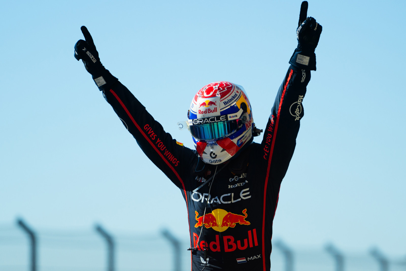 AUSTIN, TEXAS - OCTOBER 19: Race winner Max Verstappen of the Netherlands and Oracle Red Bull Racing celebrates on arrival in parc ferme during the F1 Grand Prix of United States at Circuit of The Americas on October 19, 2025 in Austin, Texas. (Photo by Rudy Carezzevoli/Getty Images)