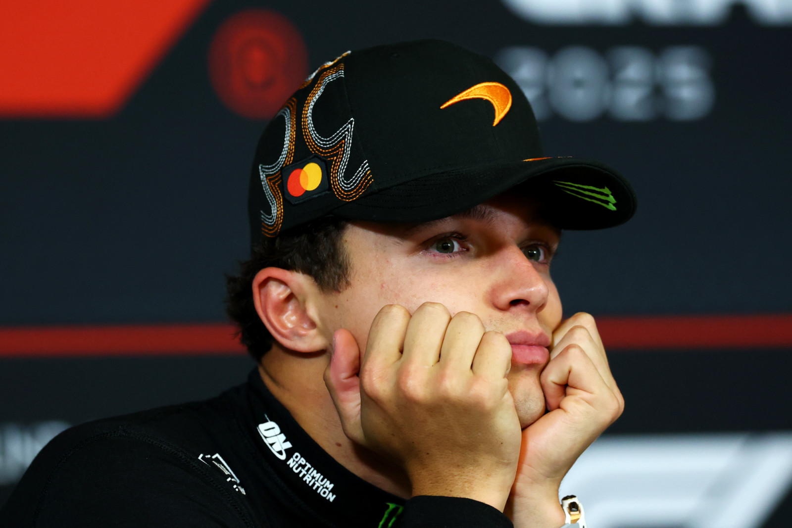 AUSTIN, TEXAS - OCTOBER 19: Second placed Lando Norris of Great Britain and McLaren in the Drivers Press Conference during the F1 Grand Prix of United States at Circuit of The Americas on October 19, 2025 in Austin, Texas. (Photo by Clive Rose/Getty Images)