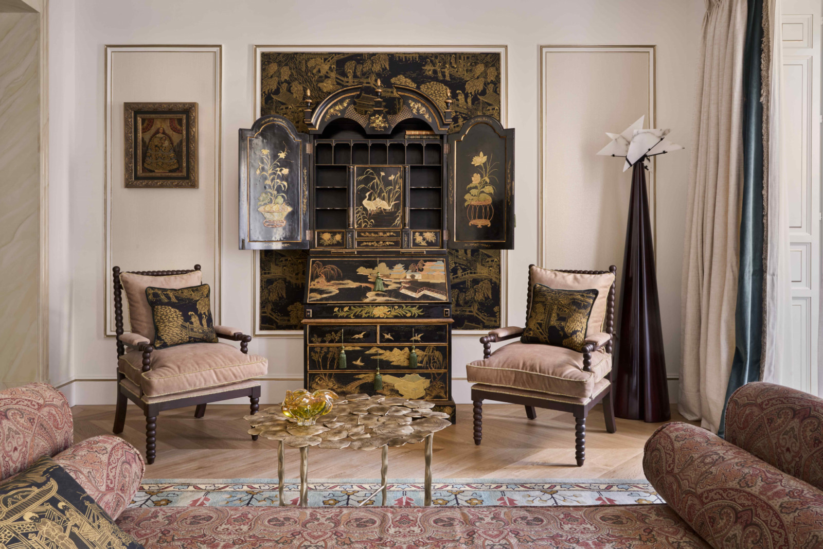 A sophisticated interplay of patterns, textures, and decorative elements that could easily overwhelm in less skilled hands