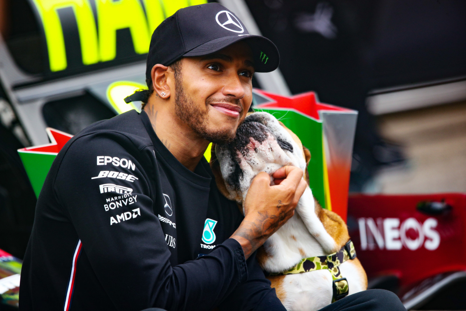PORTIMAO, PORTUGAL - OCTOBER 25: Race winner Lewis Hamilton of Great Britain and Mercedes GP celebrates his record breaking 92nd race win with his dog Roscoe in the pitlane during the F1 Grand Prix of Portugal at Autodromo Internacional do Algarve on October 25, 2020 in Portimao, Portugal. (Photo by Joe Portlock/Getty Images)