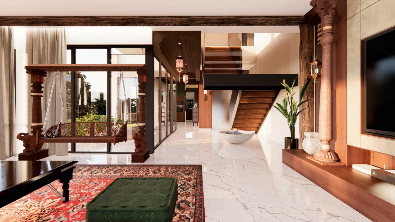 A rendering of the planned interior with carved wood details