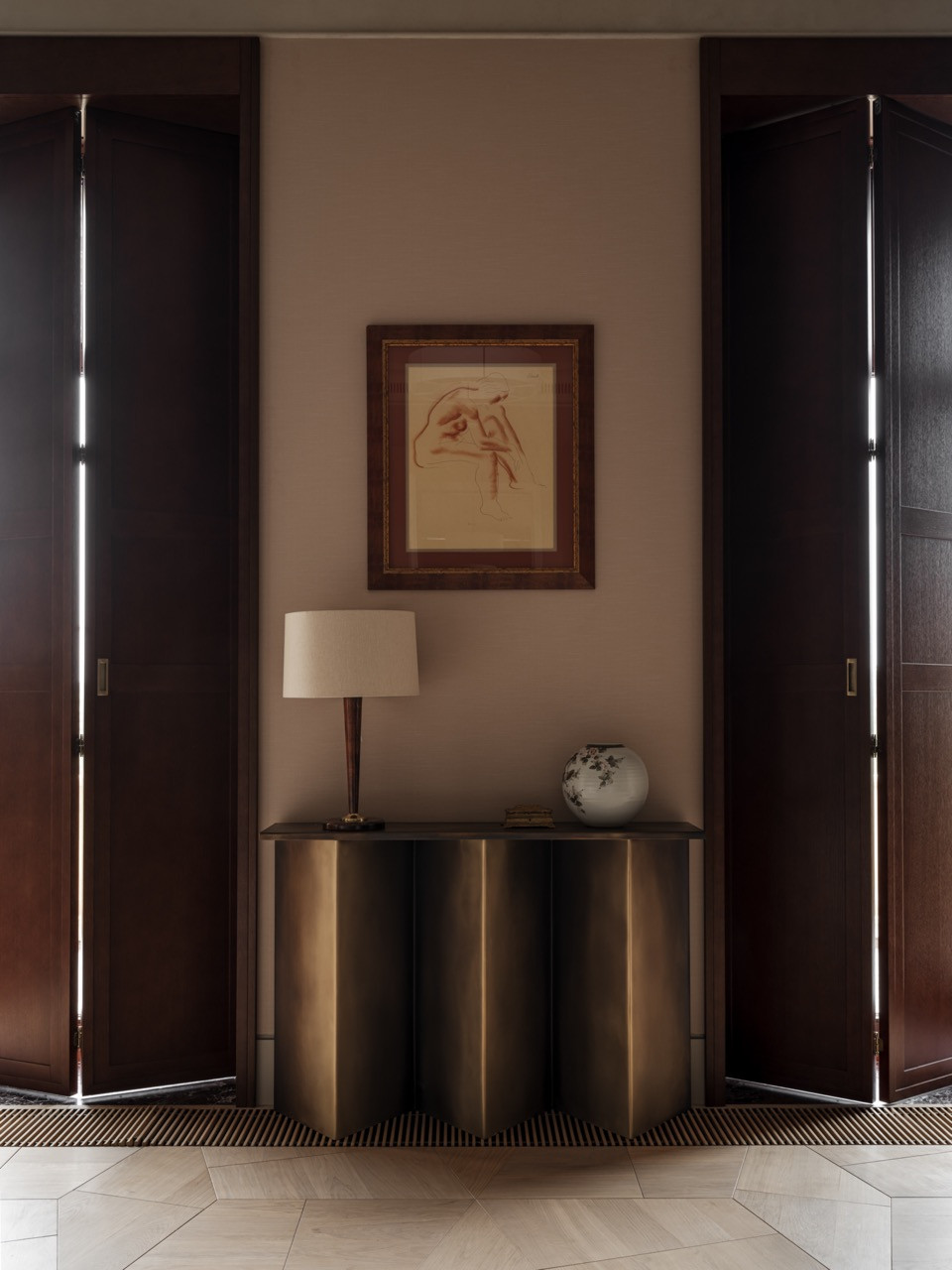 Master suite corridor featuring a painting by Georgy Artemov above the console, a custom bar unit with internal lighting, and symmetrical oak veneer wardrobes
