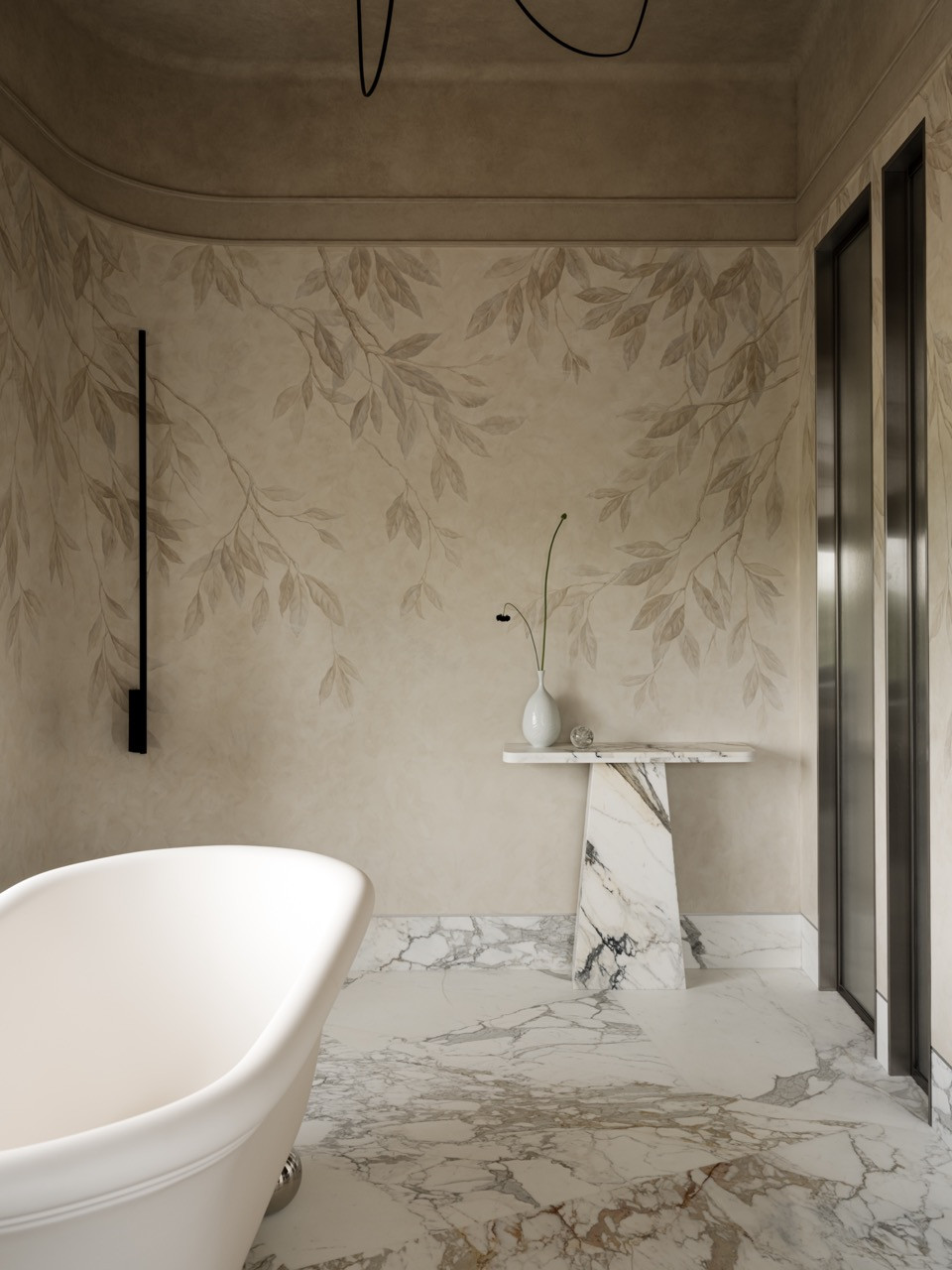 Master bathroom featuring freestanding Devon & Devon bathtub positioned on axis with window, hand-painted botanical murals, and Calacatta Vagli marble flooring