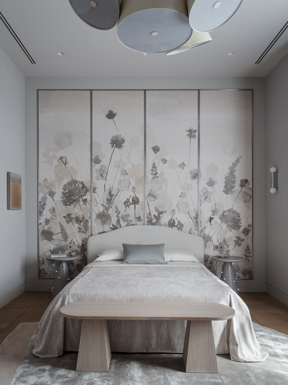 The daughter's bedroom with decorative wood panels featuring botanical print wallpaper by Phillip Jeffries, custom lighting by Santa & Cole, and Rosso Levante marble accents