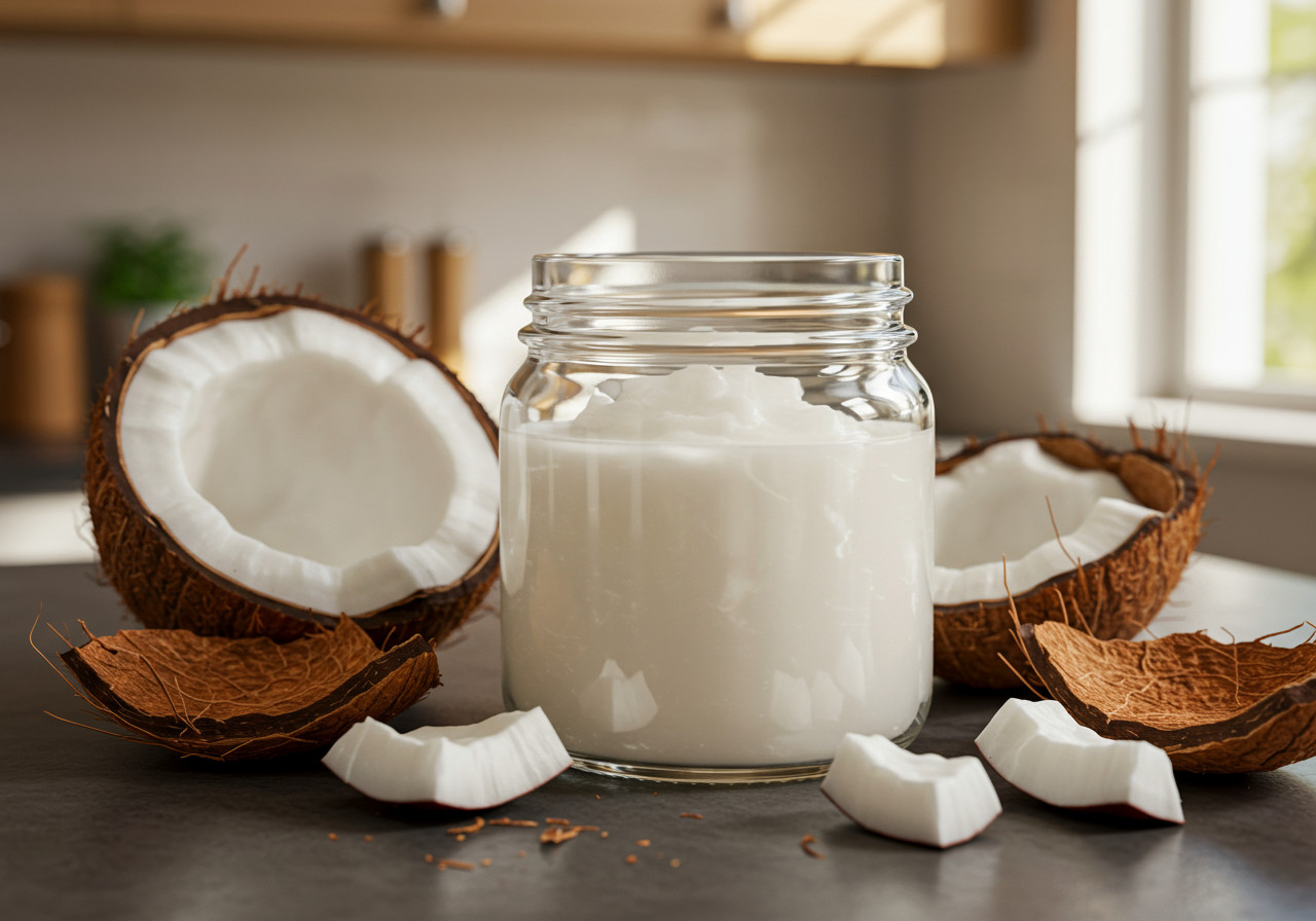 Coconut oil: Solid at room temperature with a tropical aroma that suits curries and baked goods (Photo: AI-generated)