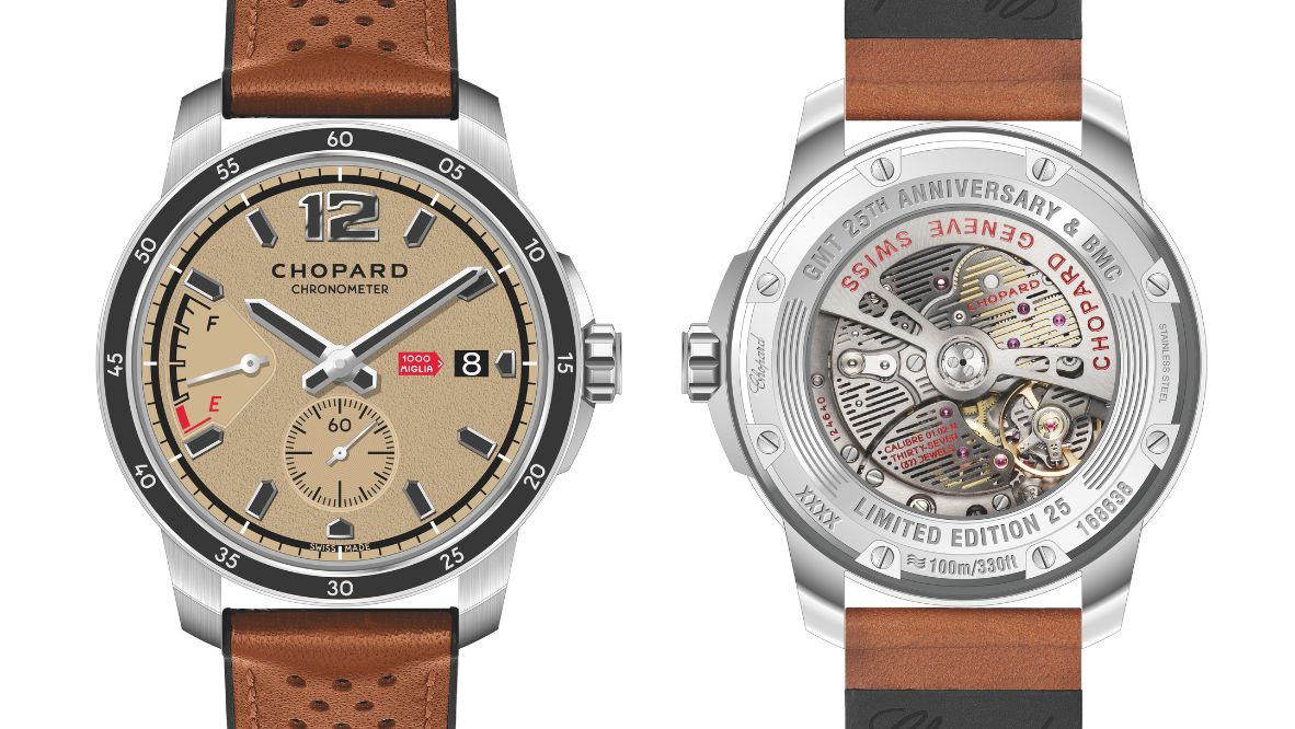 Chopard Mille Miglia GMT & BMC in 43mm Lucent steel with frosted safari beige dial