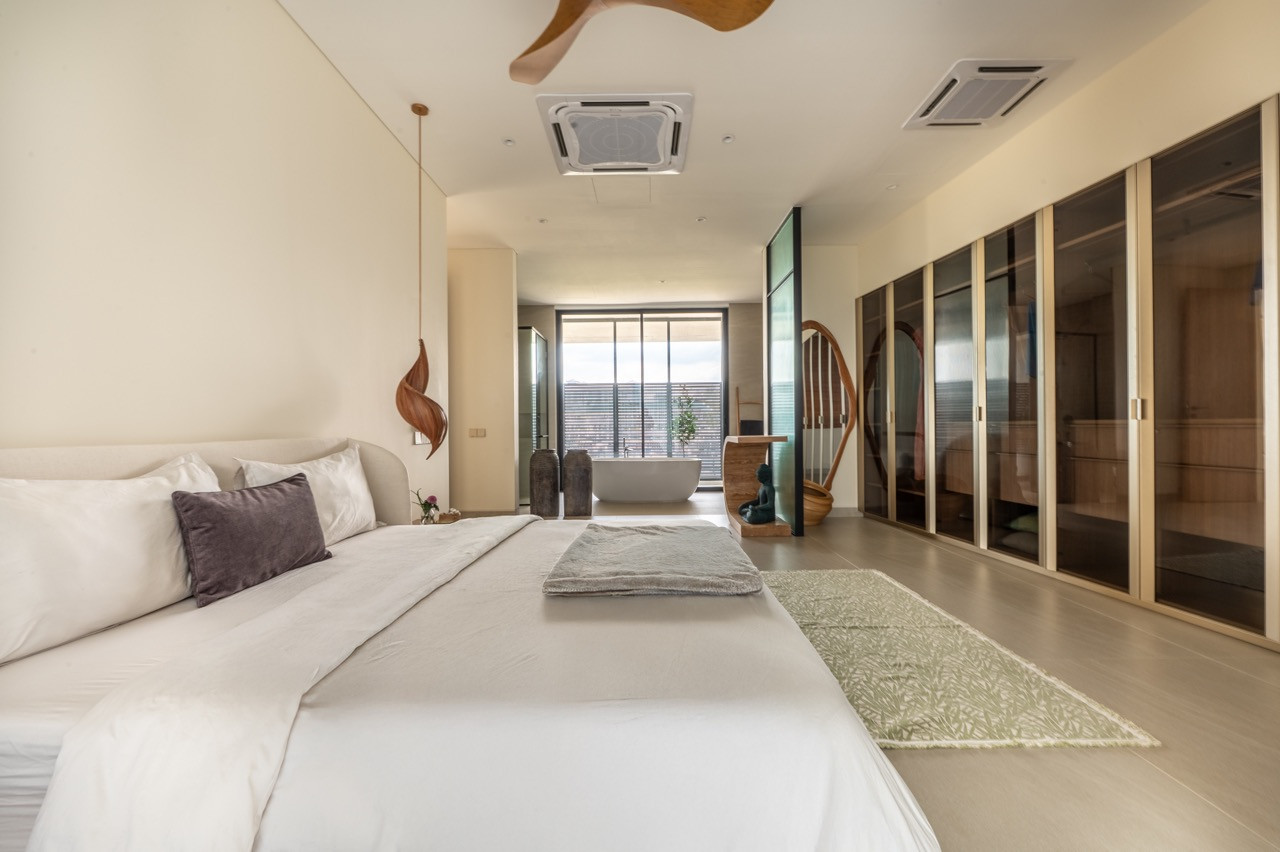The freestanding bathtub was positioned to capture ocean views through the private terrace